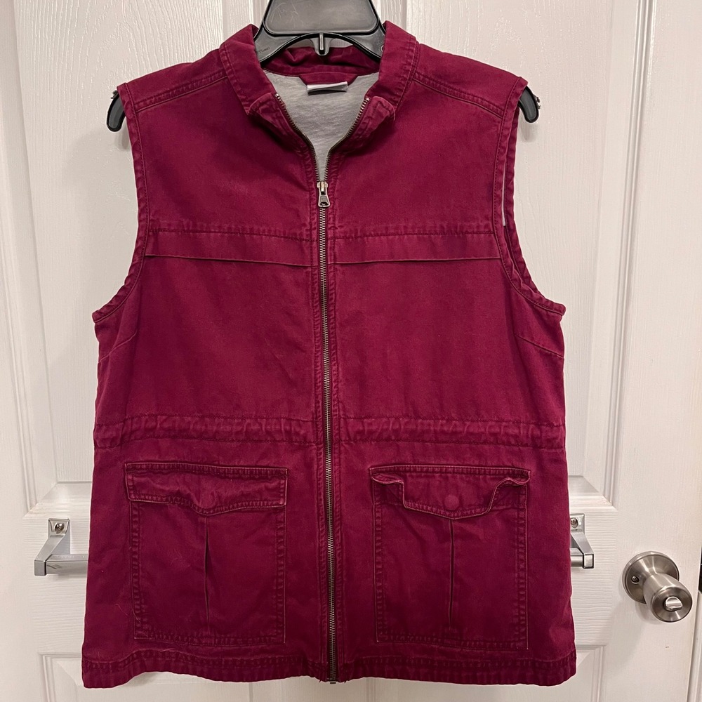 Columbia Sportswear Women L Berry Red Cotton Canvas Utility Zip Up Cargo Vest
